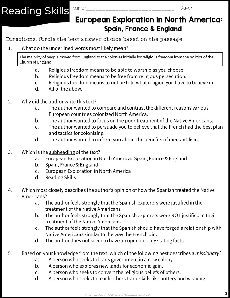 Reading comprehension: five multiple-choice questions on religious freedom, author's purpose, subheading and missionaries