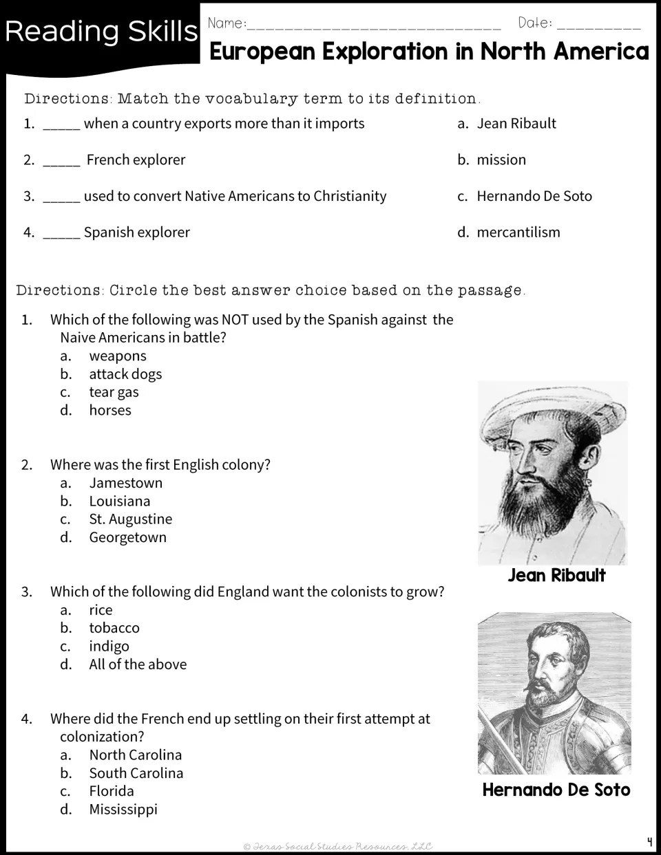 Vocabulary matching for mission, mercantilism, Ribault and De Soto, plus four multiple-choice recall questions on colonies