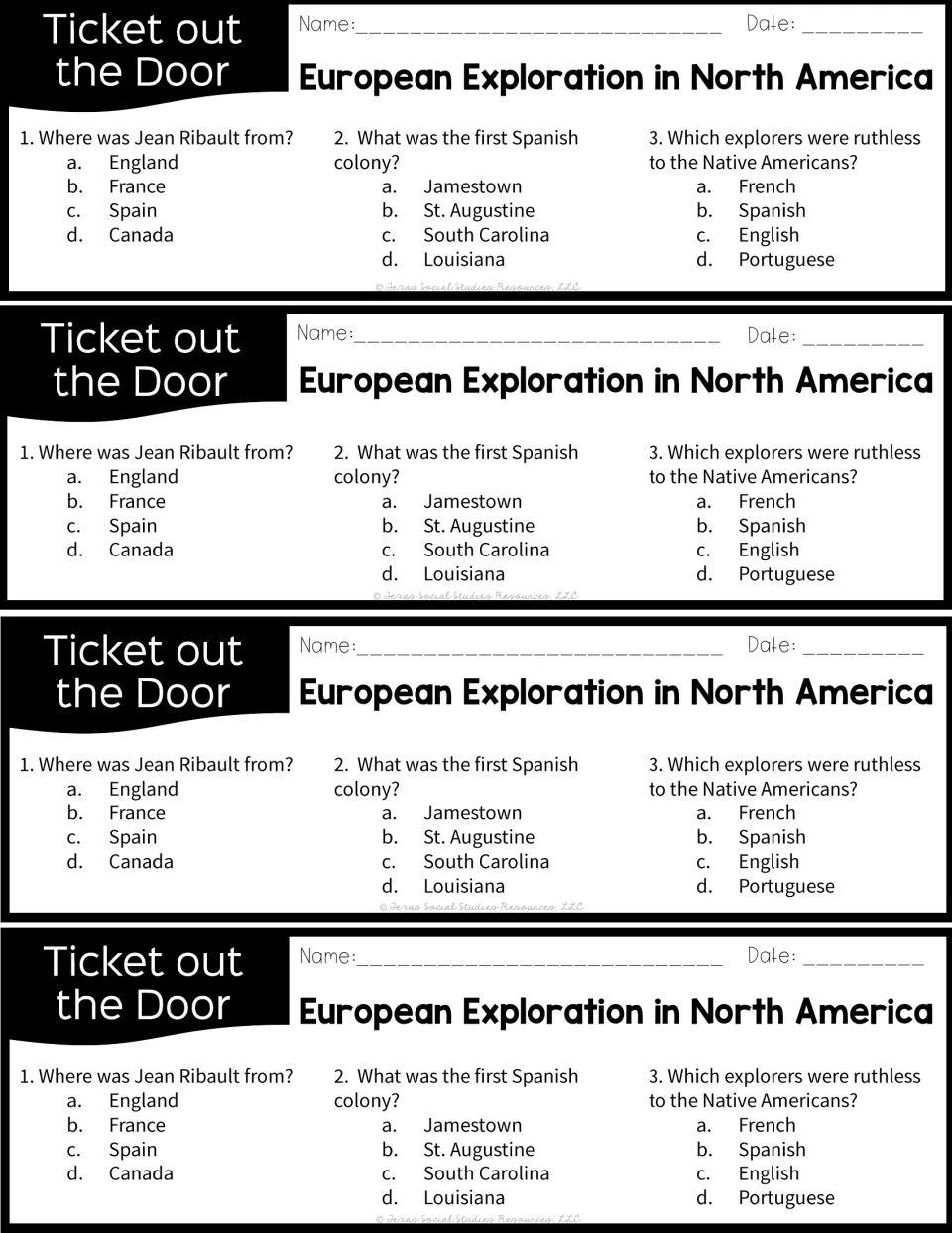 Ticket out the door, four per page: multiple-choice questions on Jean Ribault, the first Spanish colony and explorers