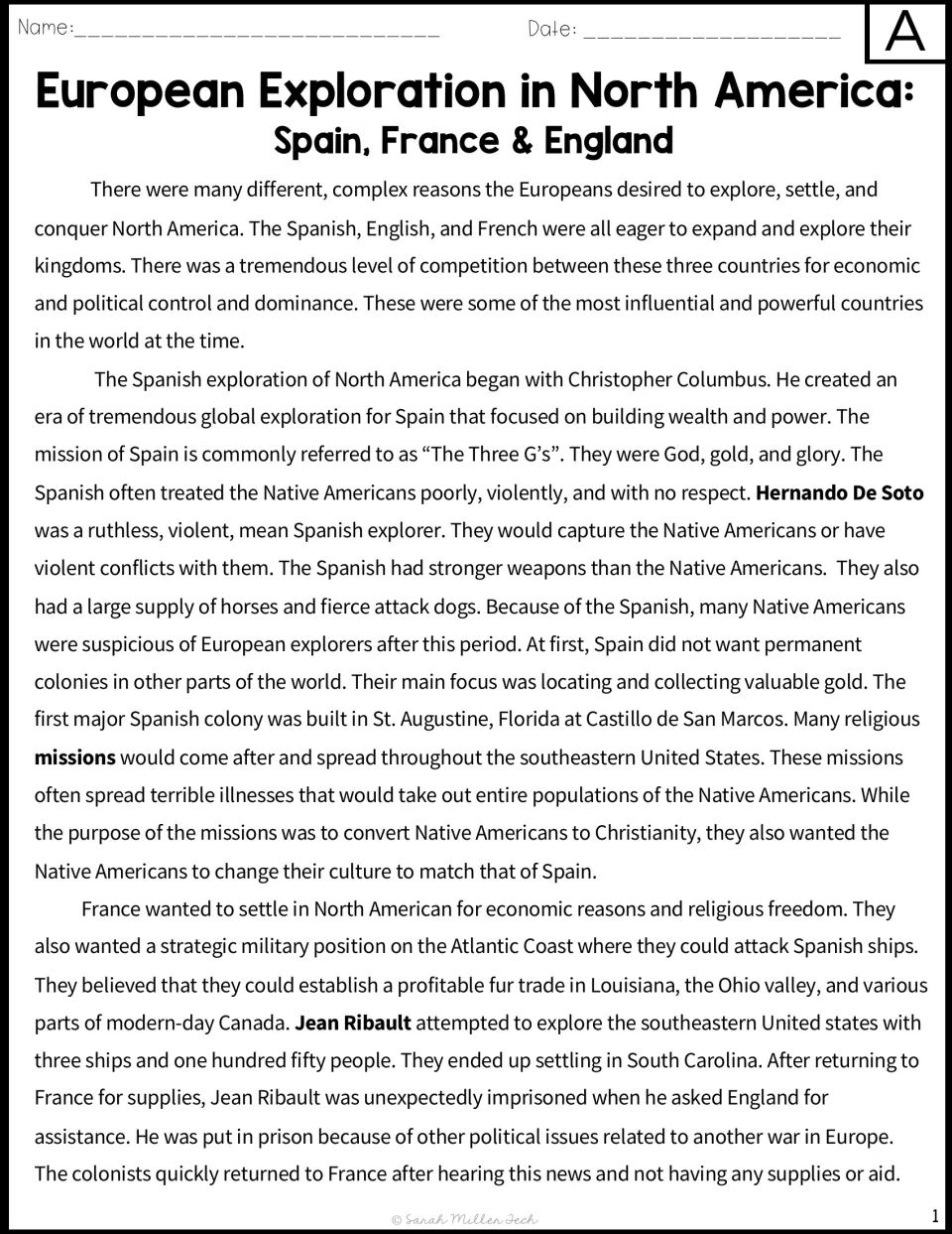 Version A passage, part 1: European competition, Spain's Three G's, missions, and Jean Ribault's colony