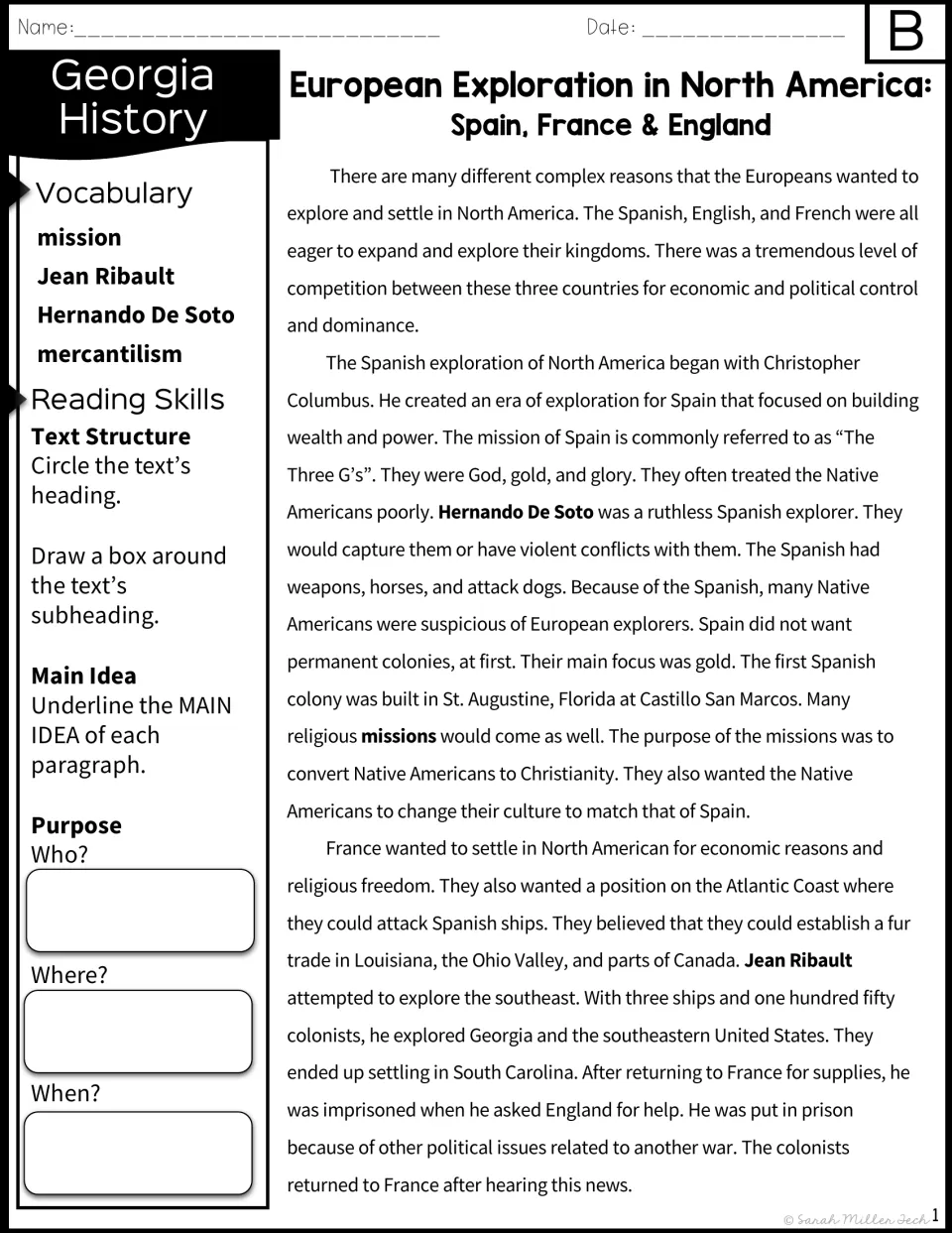 Version B passage, part 1: Spanish and French exploration, vocabulary, and prompts to identify main ideas