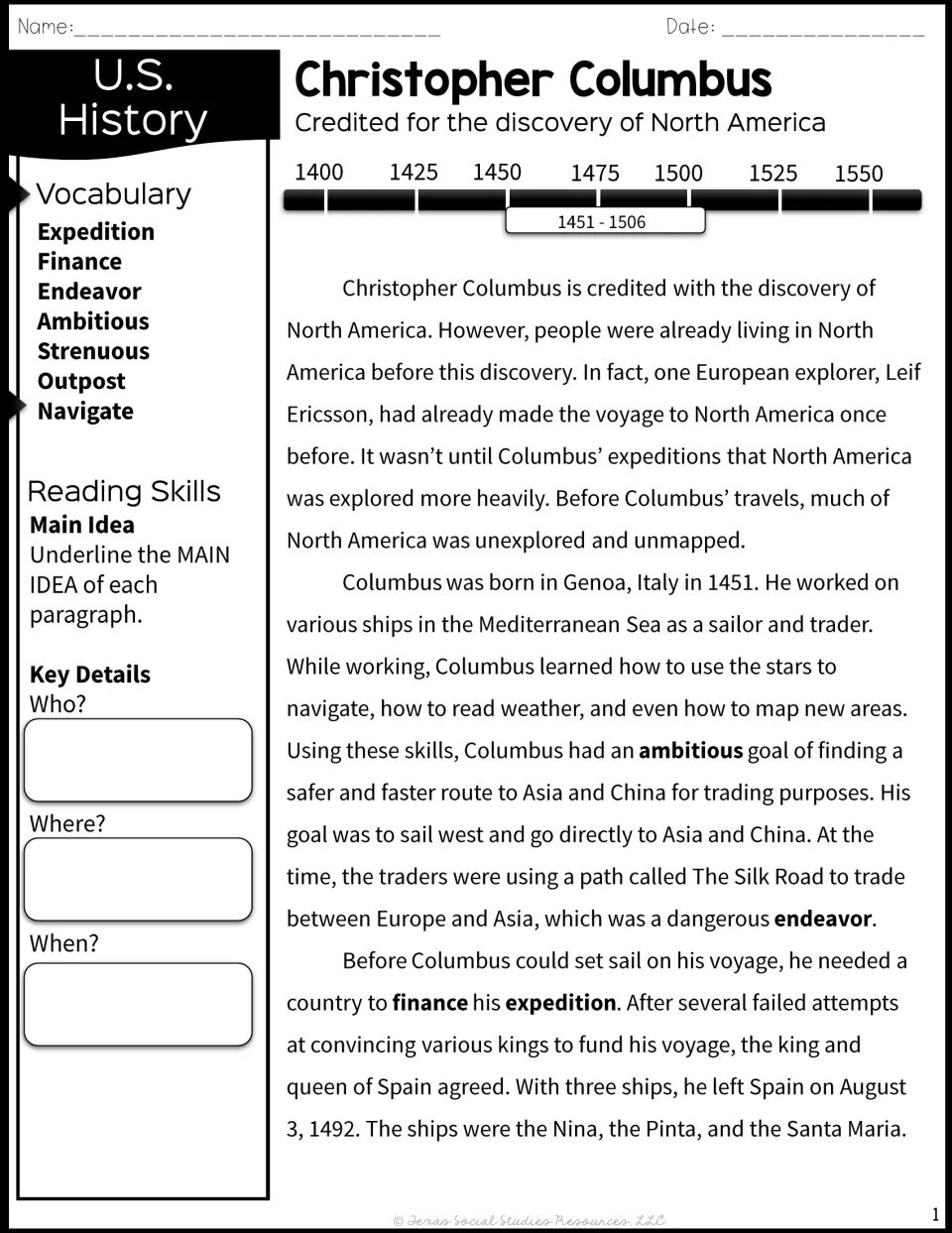 Columbus reading passage with a 1451-1506 timeline; students underline main ideas and note who, where and when