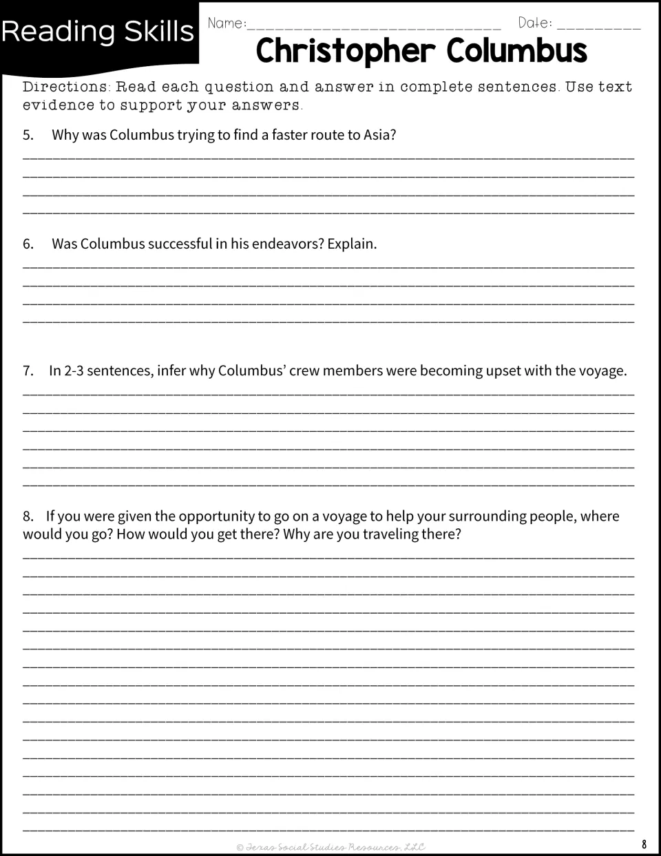 Columbus short answers: students use text evidence on his route to Asia, his success, crew unrest and an imagined voyage