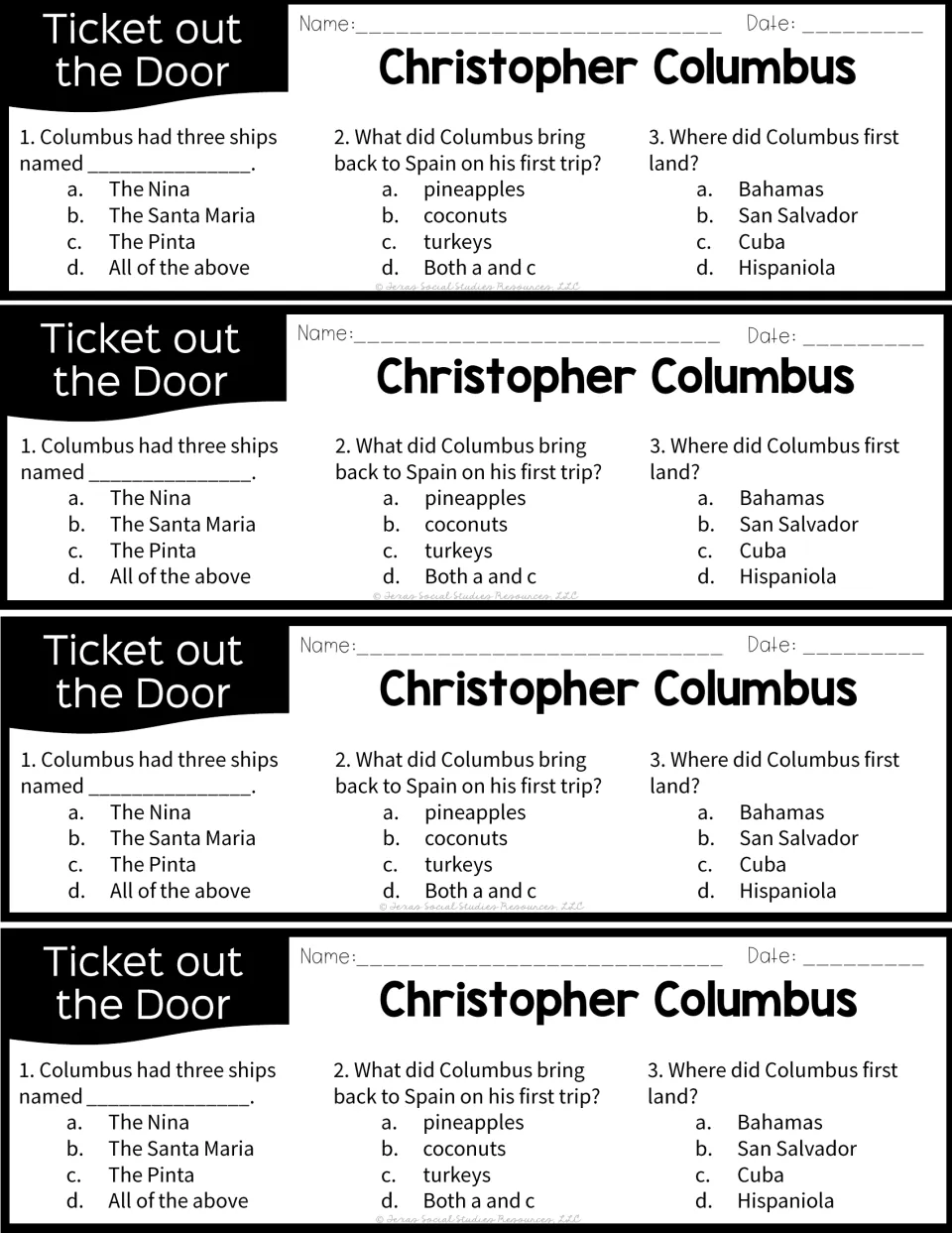 Columbus exit tickets, four per sheet: three multiple-choice items on his ships, goods brought to Spain and first landing