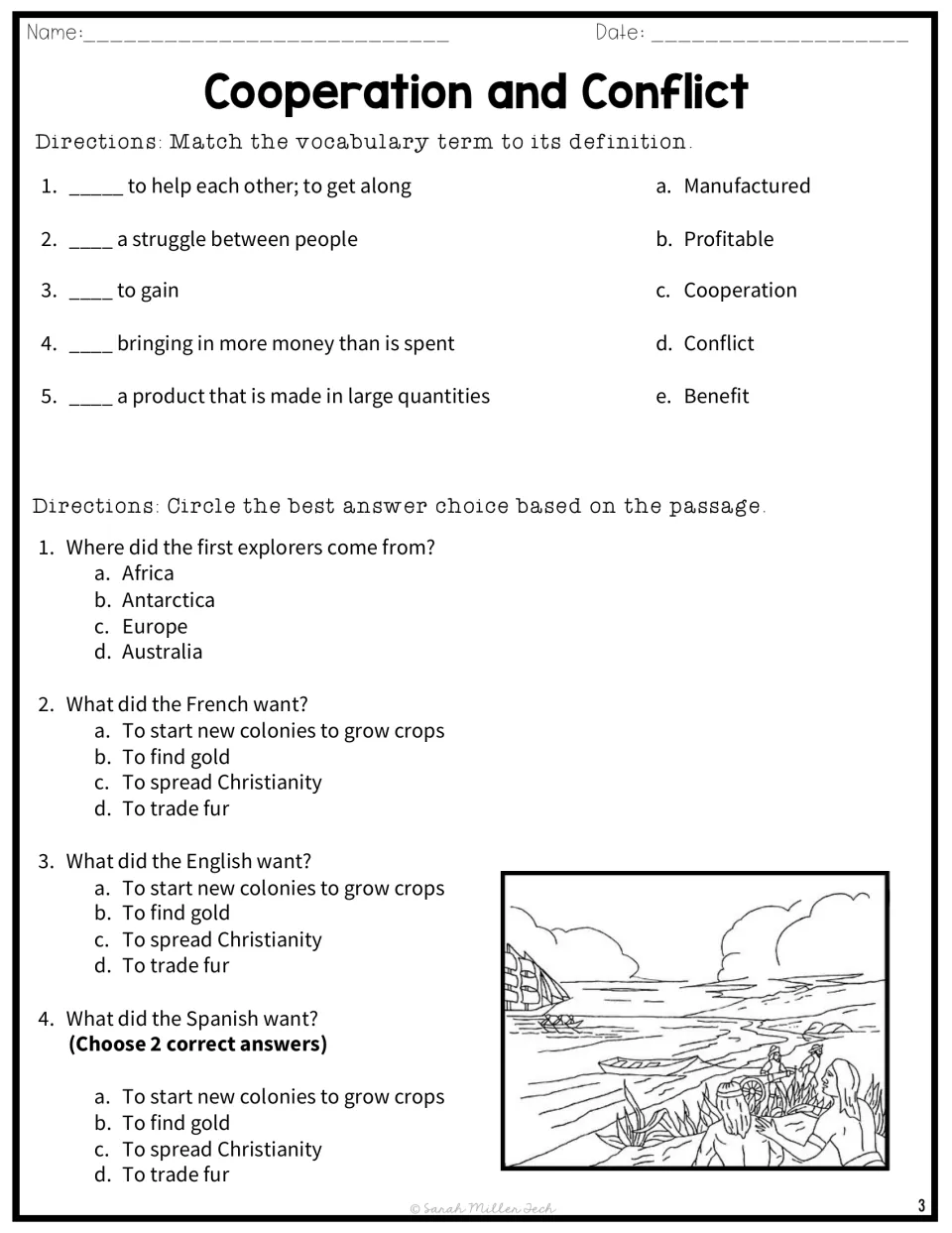 Explorer vocabulary and quiz: match 5 terms like profitable and benefit, then circle why France, England and Spain came