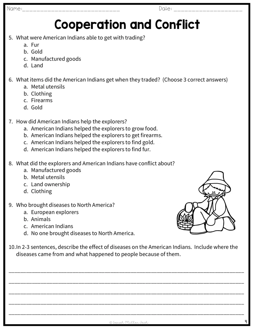 Trade, land and disease questions 5-10: students circle answers and write 2-3 sentences on the effects of disease