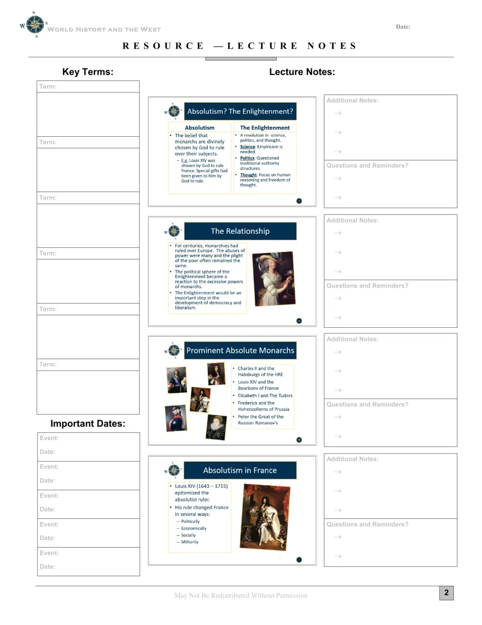 Lecture notes compare absolutism and the Enlightenment, list absolute monarchs, and introduce Louis XIV.
