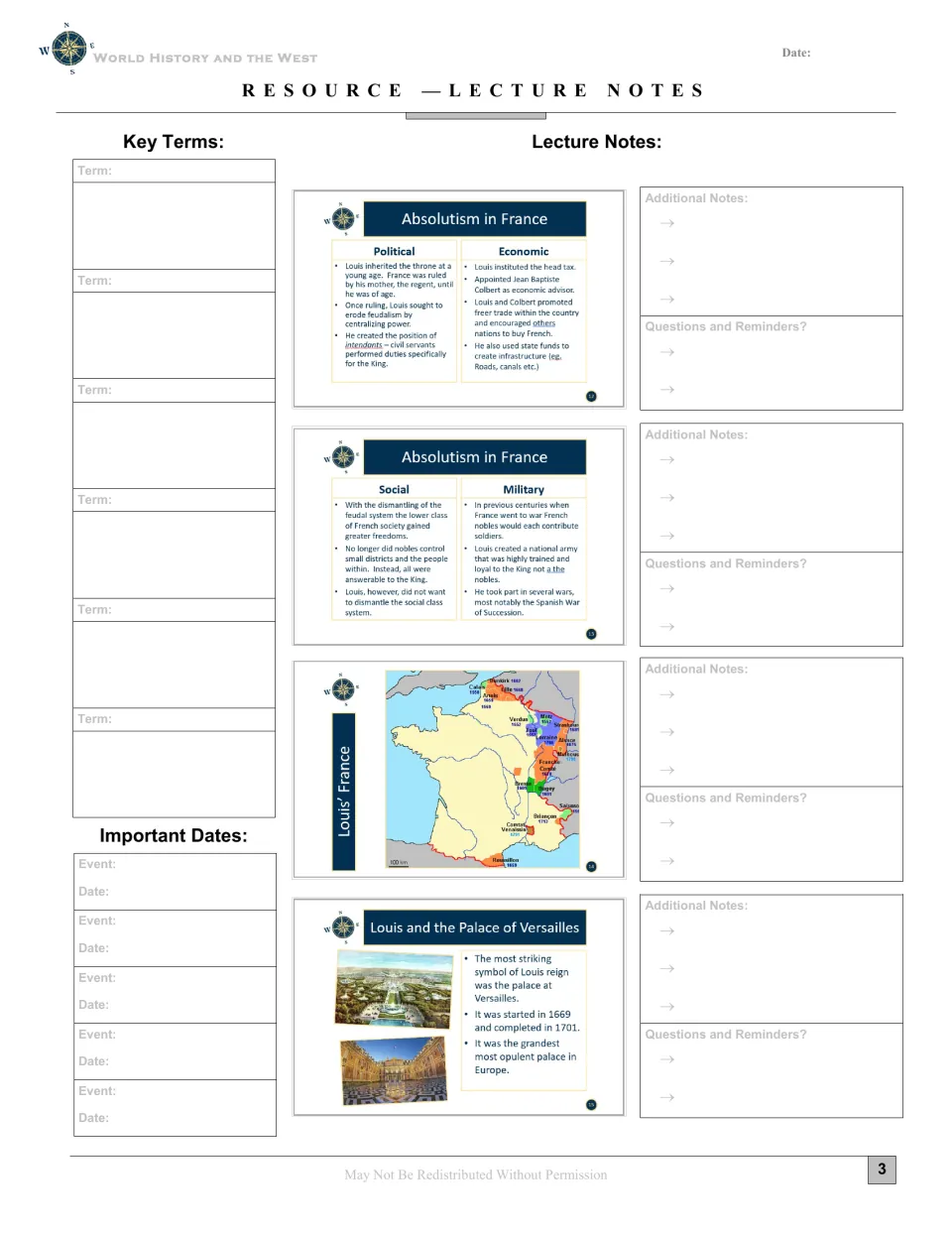 Lecture notes examine Louis XIV’s political, economic, social, and military rule, a France map, and Versailles.