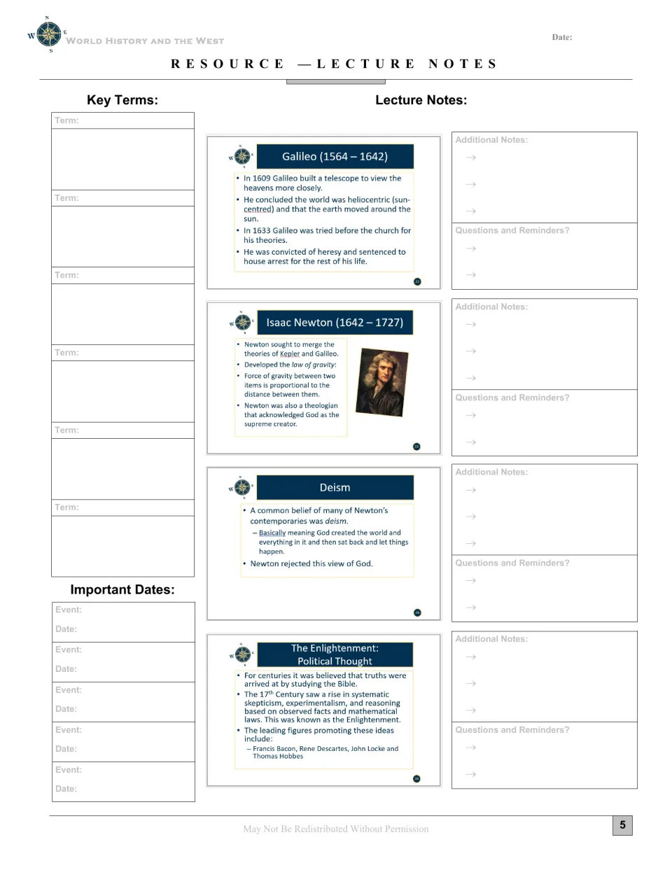Lecture notes introduce Galileo, Isaac Newton, deism, and Enlightenment political thought through four excerpts.