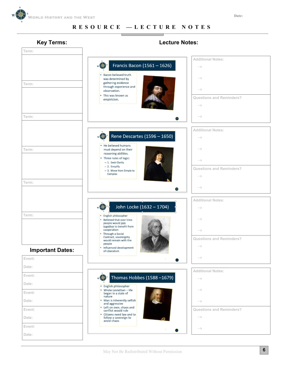 Lecture notes present Francis Bacon, René Descartes, John Locke, and Thomas Hobbes and summarize their ideas.