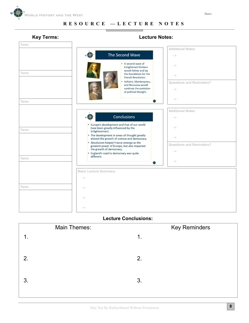 Concluding lecture notes introduce Voltaire, Montesquieu, and Rousseau, with summary and main-theme prompts.