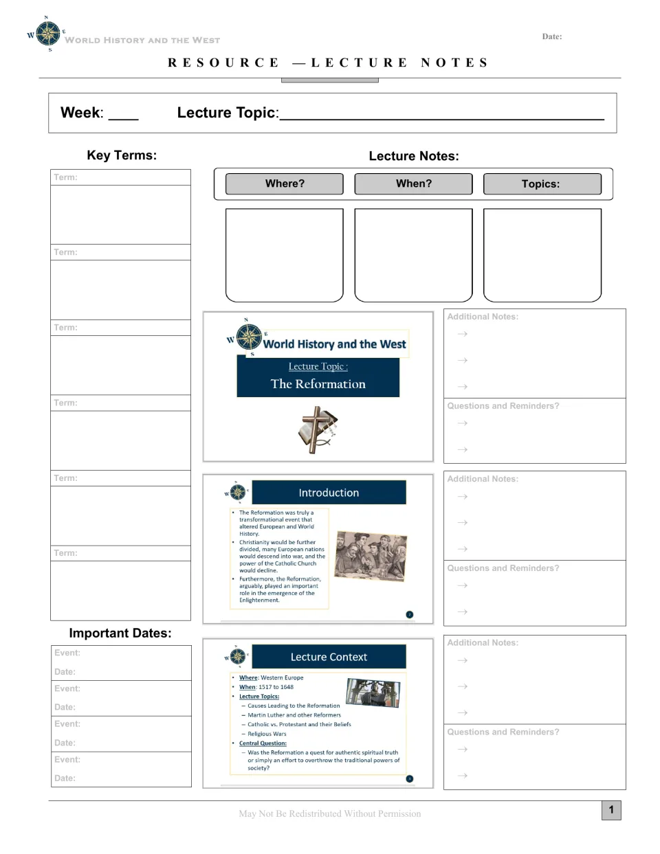 Reformation lecture notes introduce Western Europe, 1517–1648, reformers, church beliefs, and religious wars.