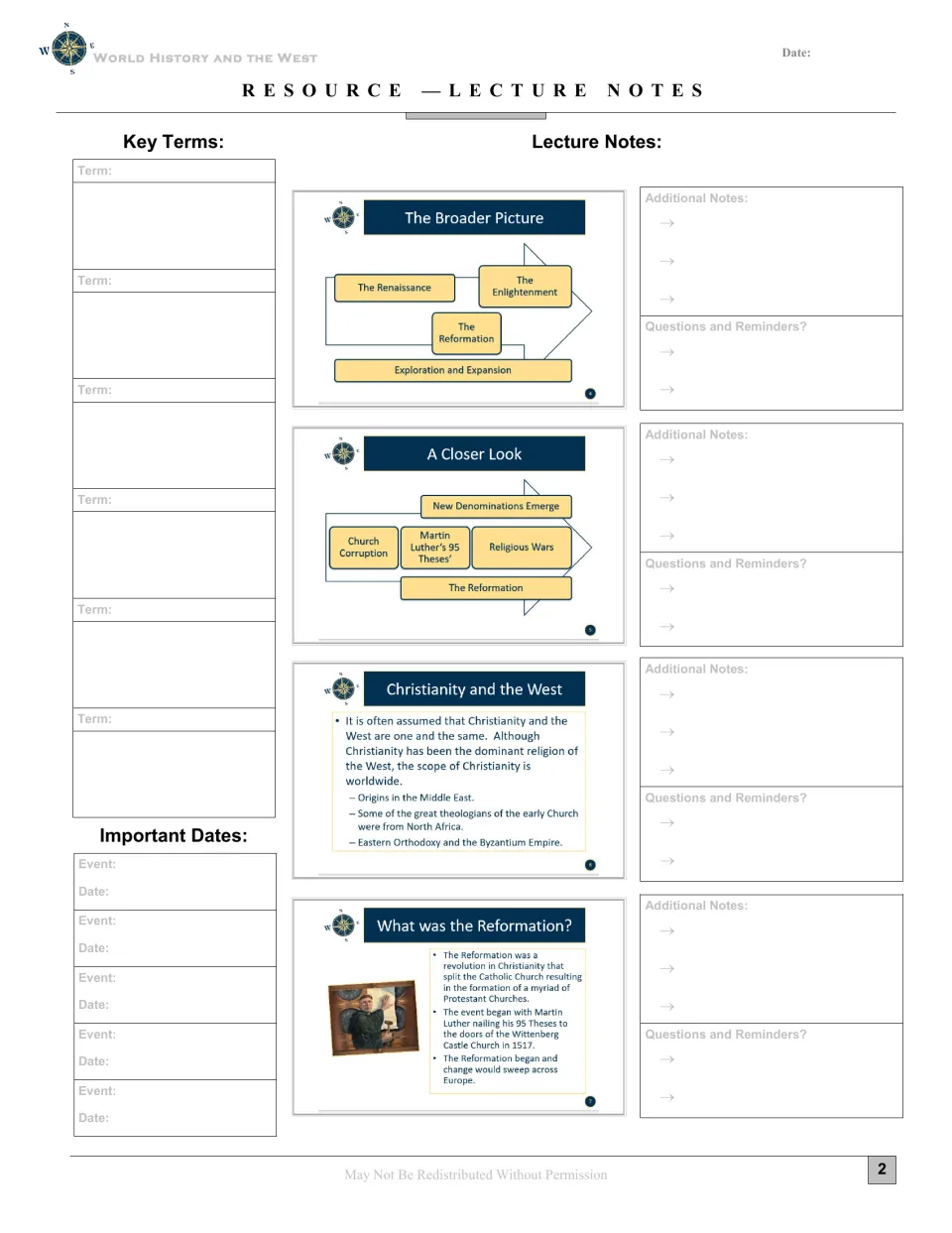 Lecture notes connect the Reformation to the Renaissance and Enlightenment and introduce Luther's 95 Theses.