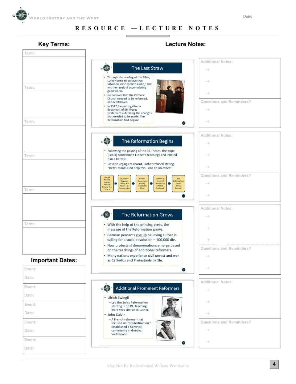 Lecture notes trace Luther's 95 Theses, the Reformation's spread, and reformers Ulrich Zwingli and John Calvin.