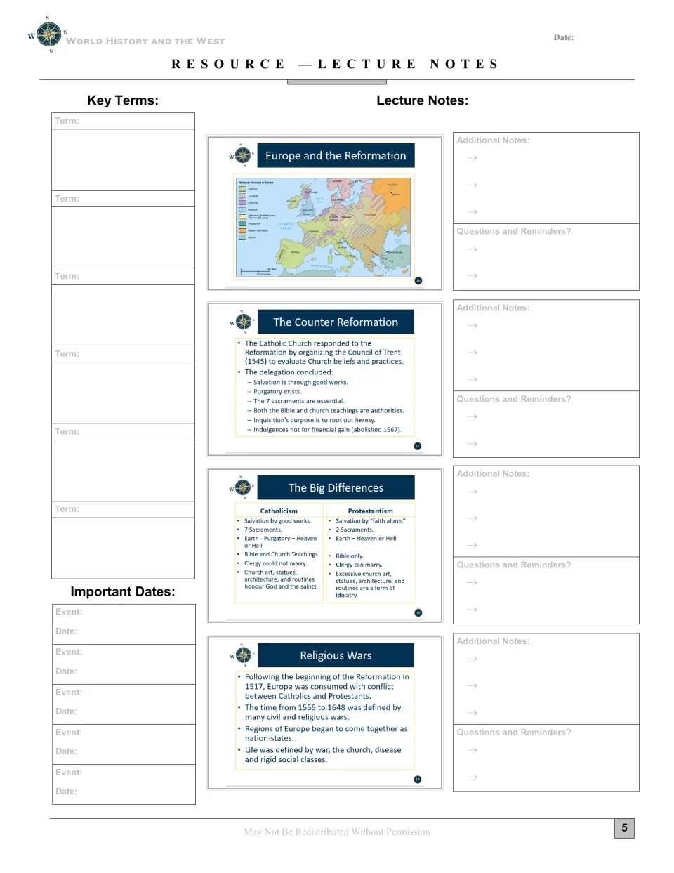 Lecture notes include a European religious map, the Counter Reformation, church differences, and religious wars.