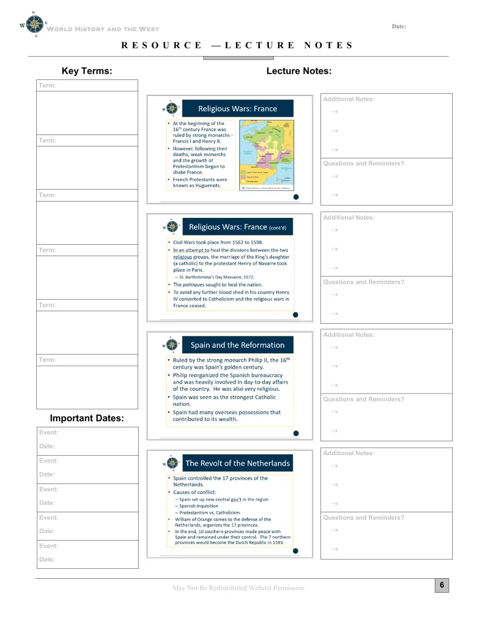 Lecture notes examine France's religious wars, Spain under Philip II, and the revolt of the Netherlands.