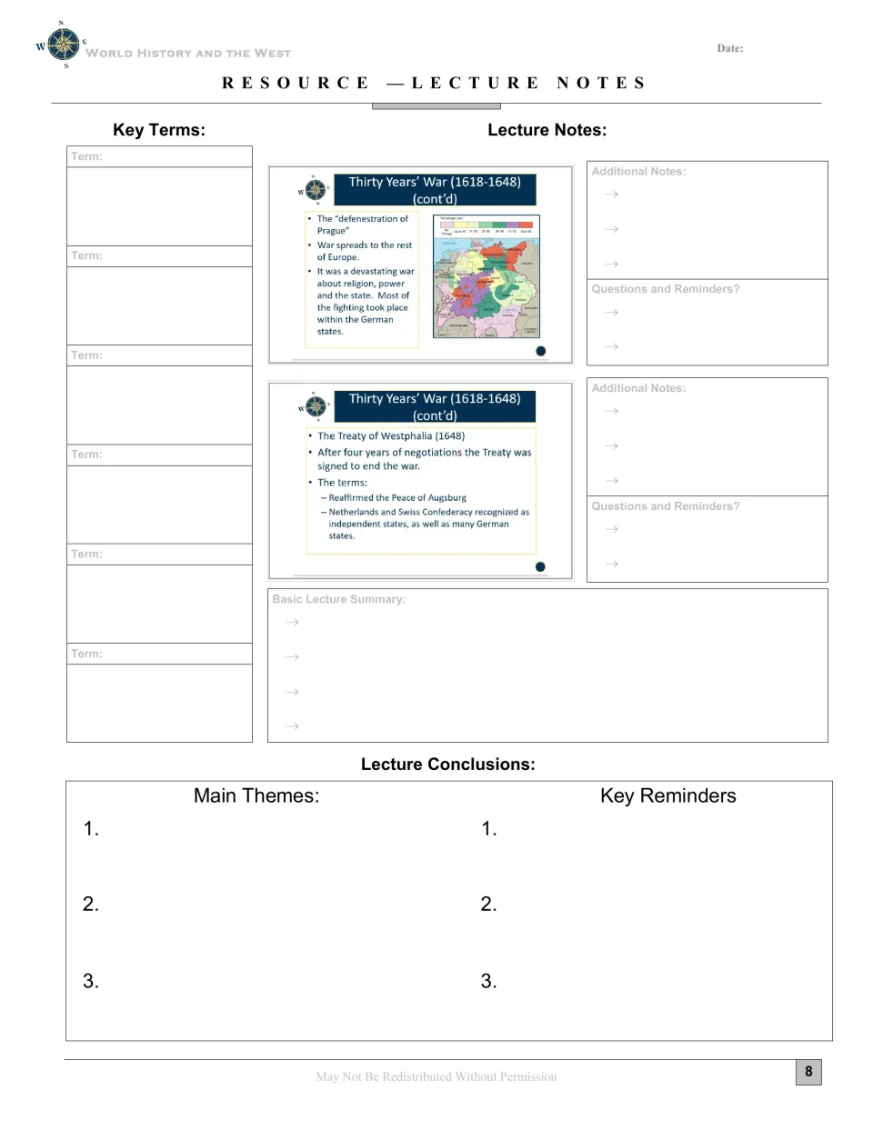 Final lecture notes cover the Thirty Years' War and Westphalia, followed by a summary, themes, and reminders.