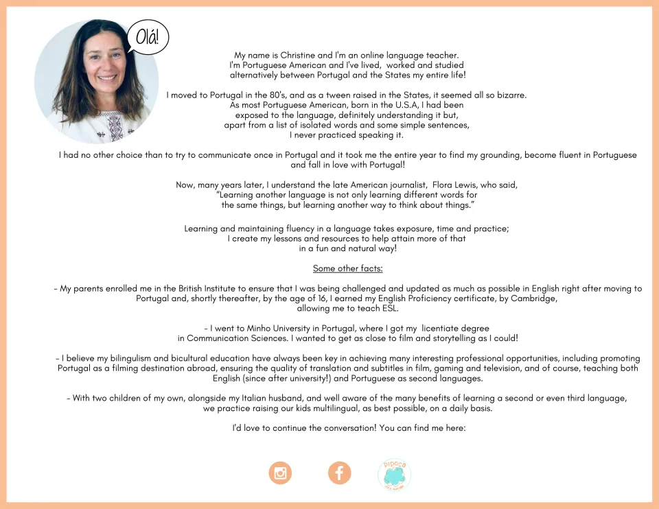 Teacher biography introducing Christine, her Portuguese American background, and her language teaching
