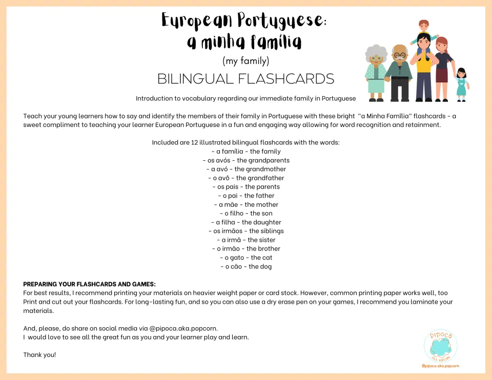 Flashcard introduction listing Portuguese family and pet vocabulary, plus printing and laminating instructions