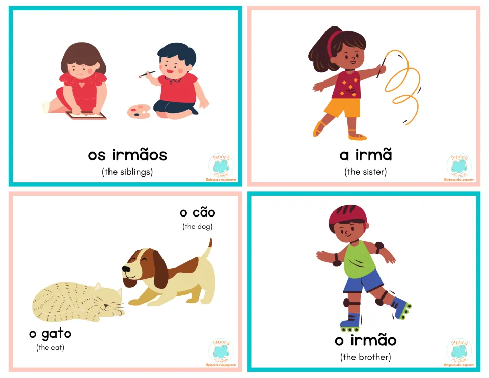 Portuguese cards 9–12: os irmãos (siblings), a irmã (sister), o gato (cat), o cão (dog), o irmão (brother)