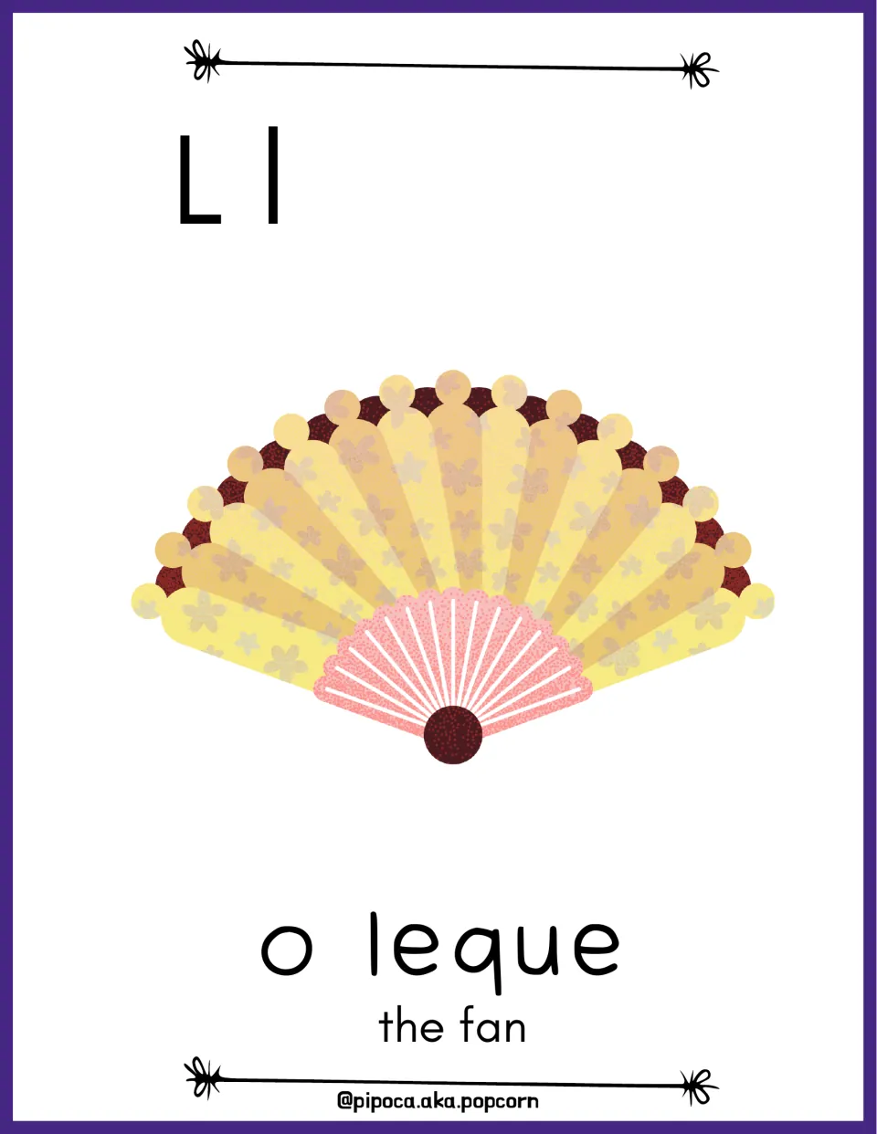 Letter L alphabet poster showing uppercase L, lowercase l, and an illustrated fan labeled “o leque” (the fan).