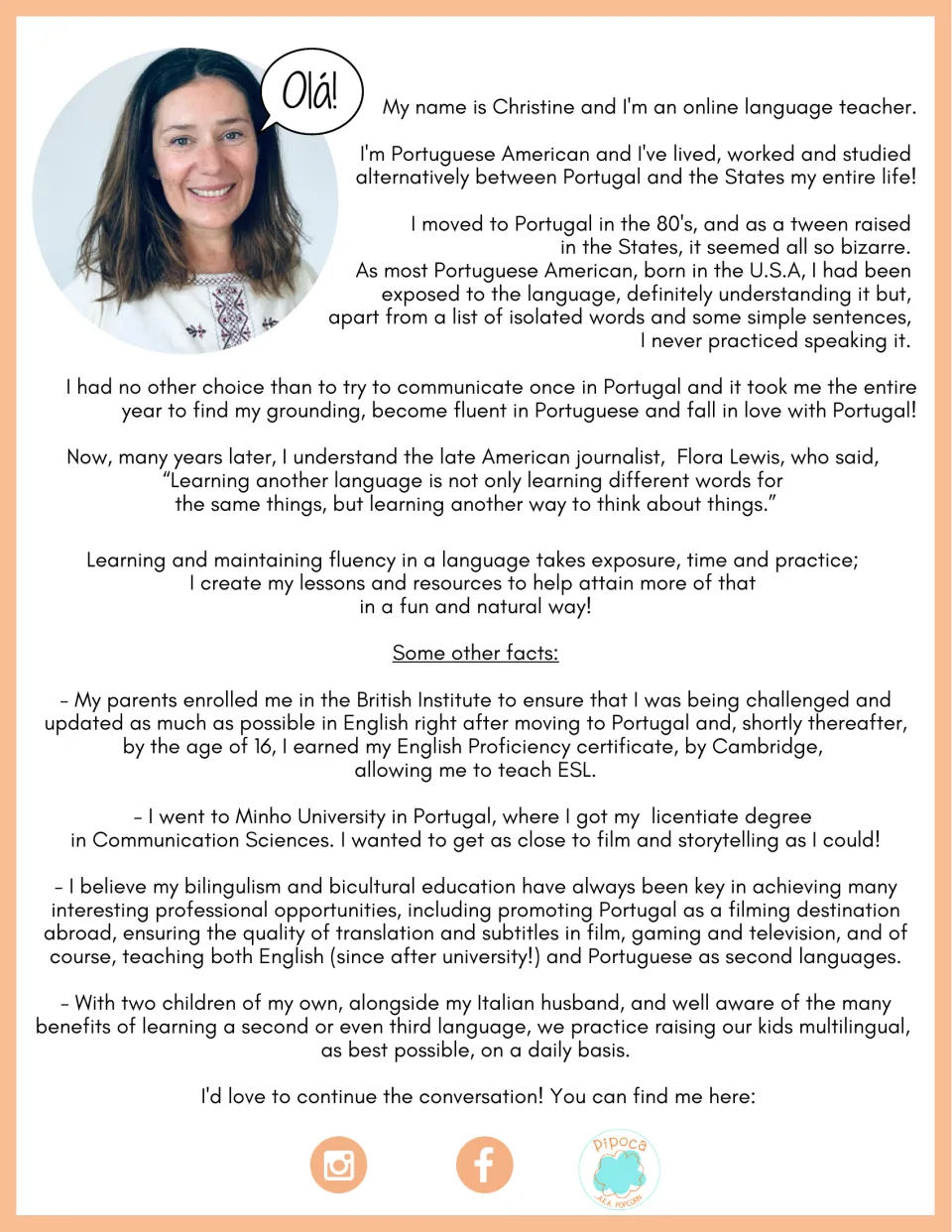 Author introduction: Christine, a Portuguese American language teacher, describes a bilingual upbringing beside a photo