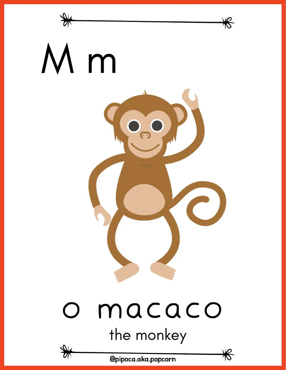 Letter M poster: uppercase and lowercase Mm with a waving cartoon monkey, labeled 'o macaco' and in English 'the monkey'