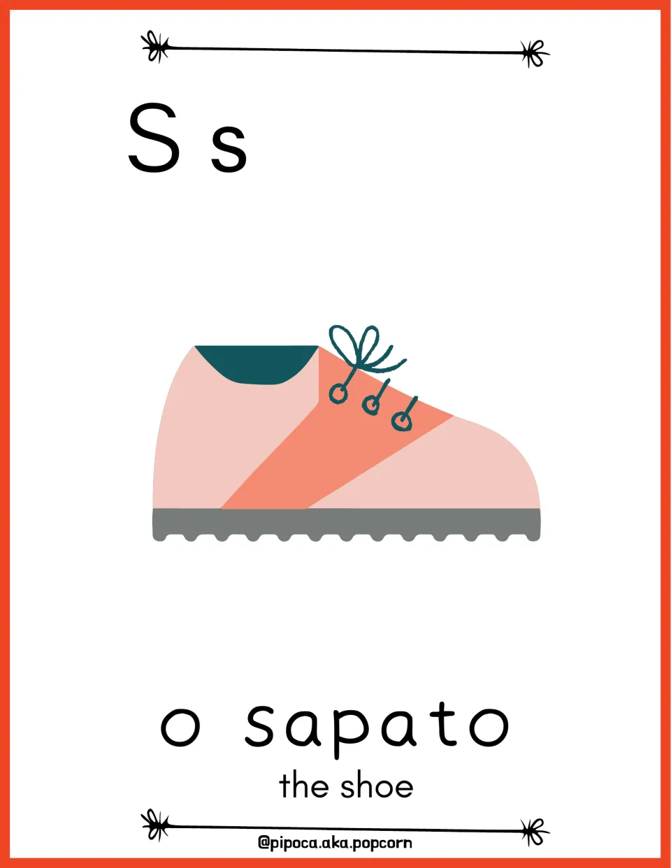 Bilingual alphabet poster for letter S: uppercase S, lowercase s, and “o sapato” (the shoe) with a shoe illustration.