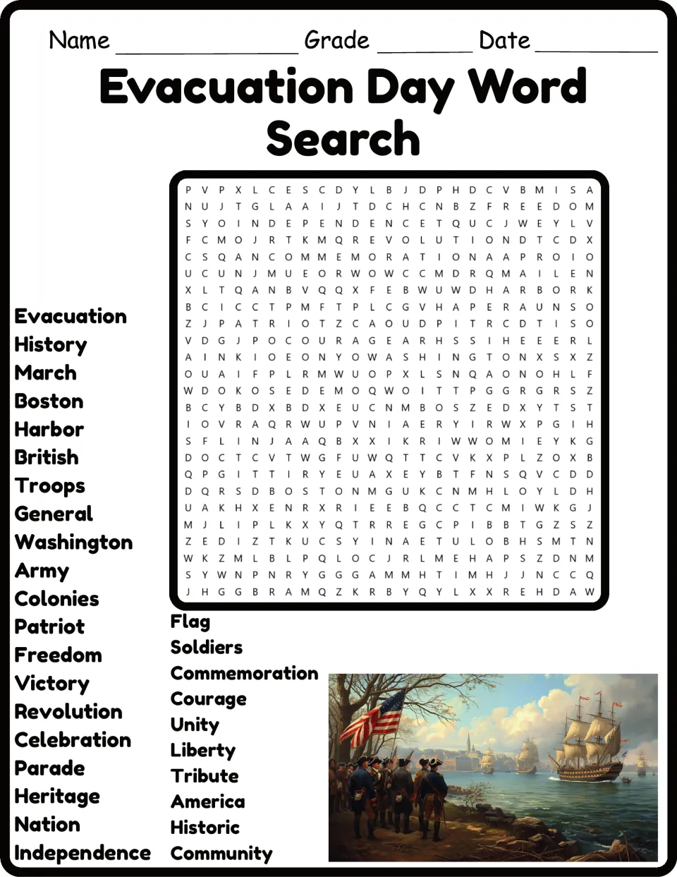 Evacuation Day word search in color: students find 30 hidden words like Boston, Harbor, Troops and Washington