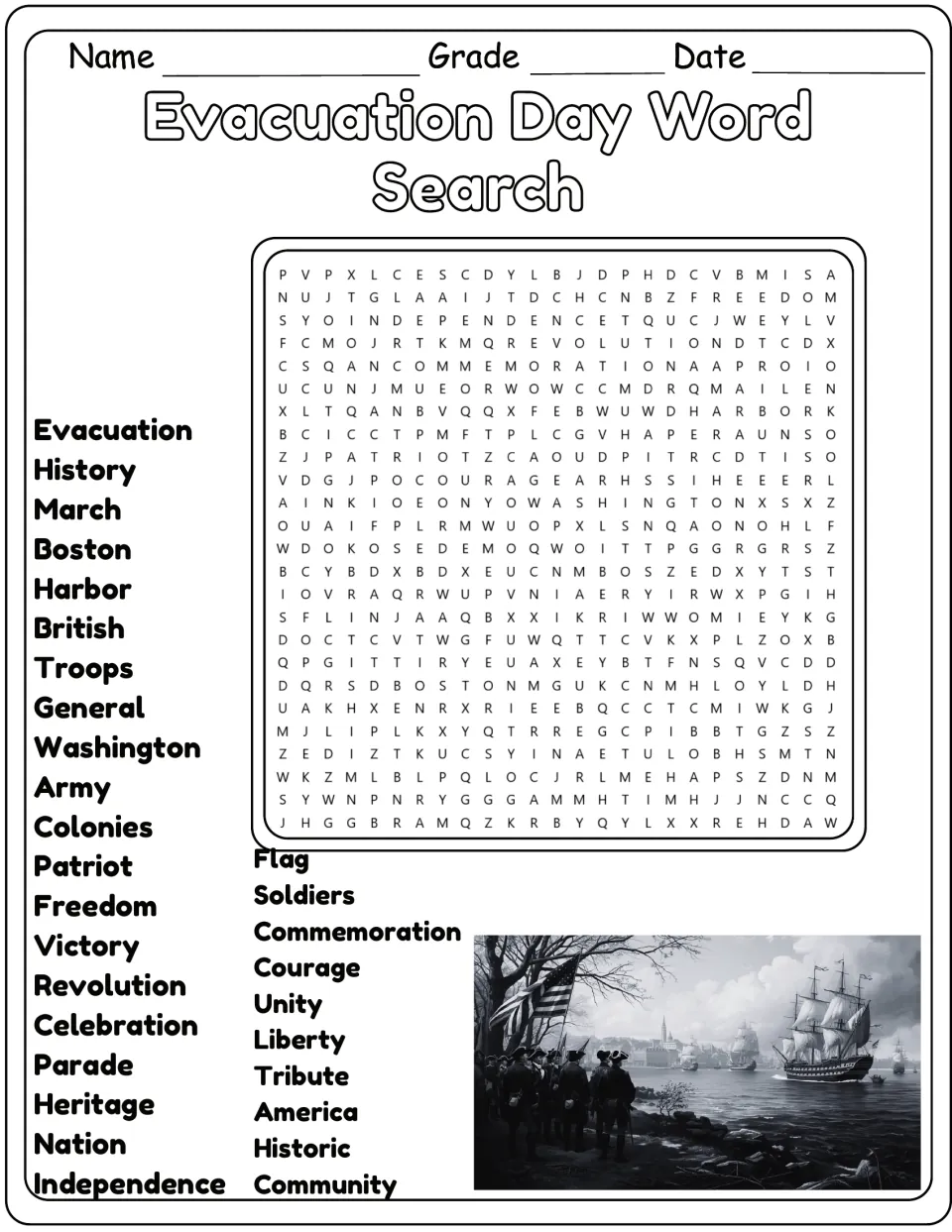 Black-and-white Evacuation Day puzzle with outlined title: students hunt for Patriot, Liberty, British and 27 more words