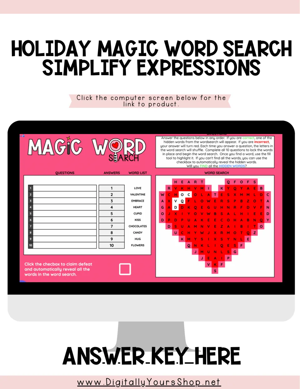 Magic word search, Simplify Expressions: Valentine heart puzzle screen with 10 questions, word list and answer key link
