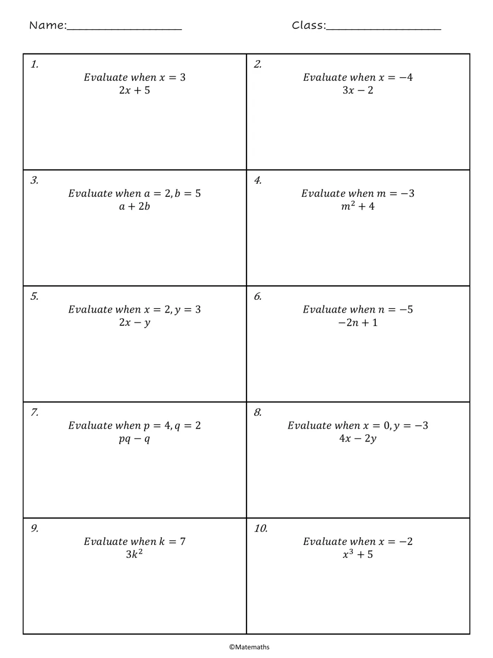 Evaluating expressions, problems 1-10: students substitute values like x = 3 into 2x + 5, including negatives and powers