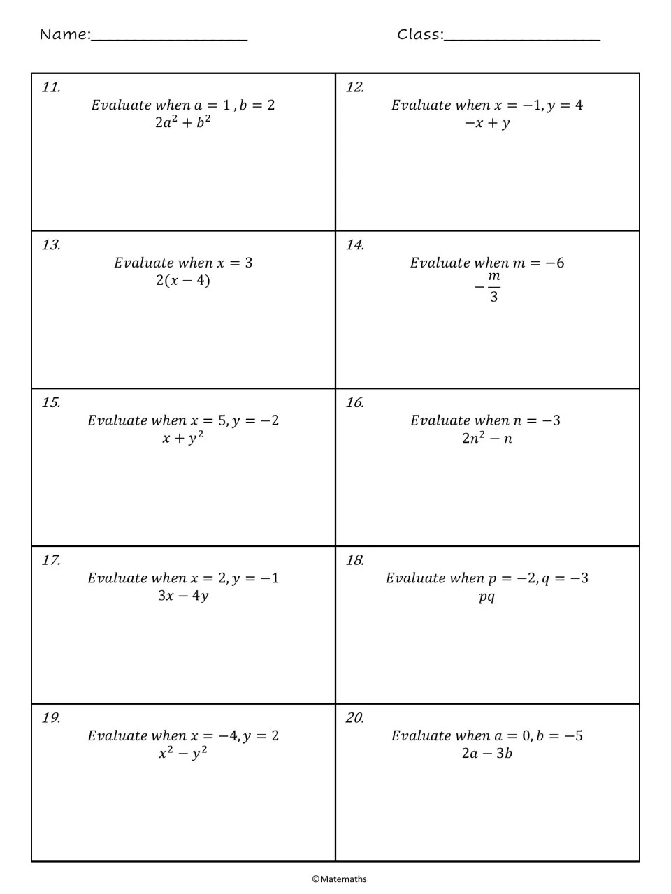 Substitution practice, problems 11-20: students evaluate expressions like 2(x - 4), -m/3 and x^2 - y^2 for given values