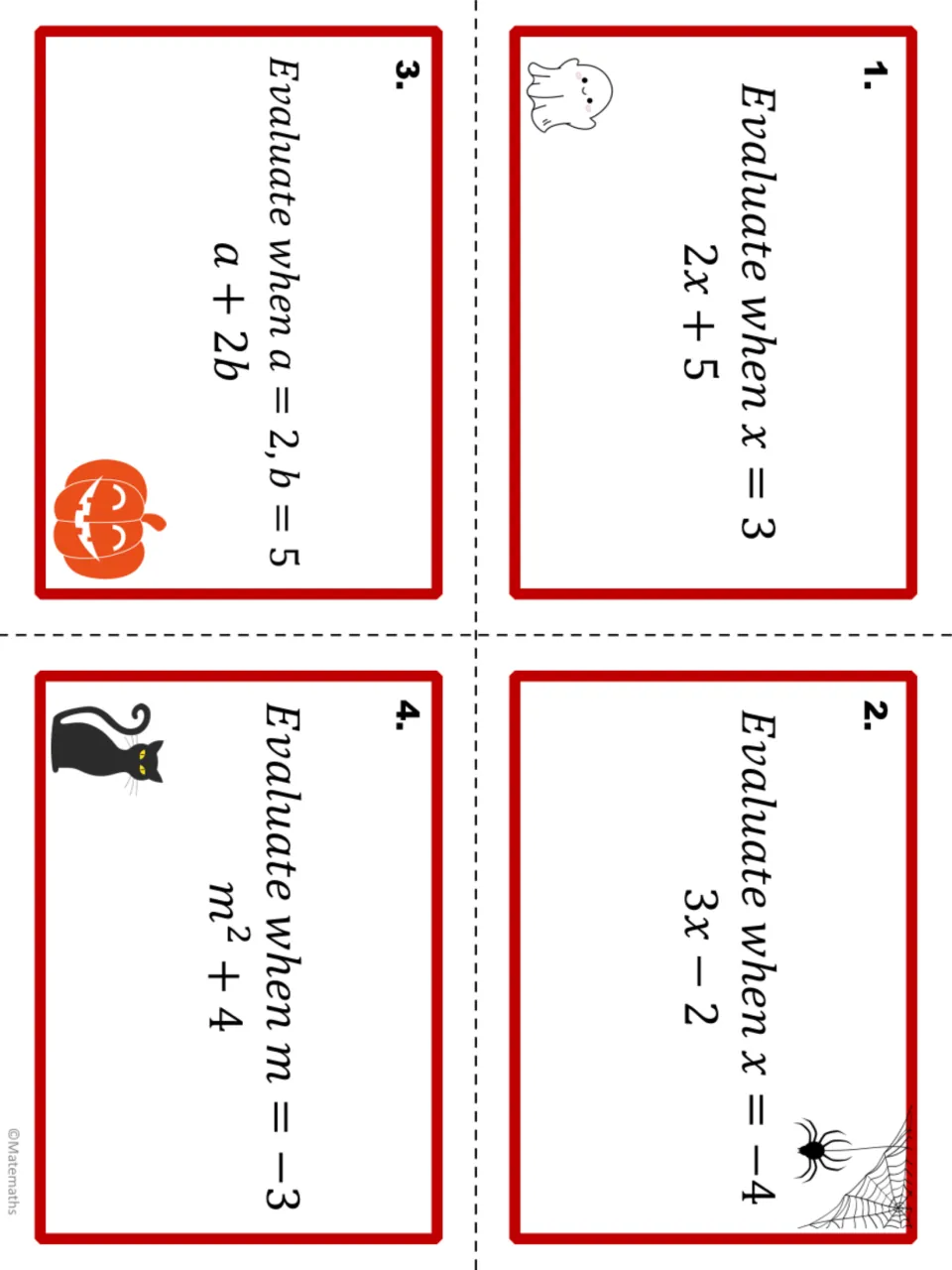 Halloween task cards 1-4 with ghost, spider, pumpkin and cat clip art: evaluate 2x + 5, 3x - 2, a + 2b and m^2 + 4