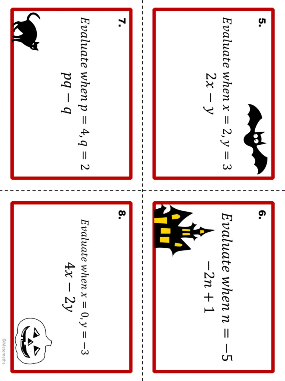Task cards 5-8 with bat, cat and haunted house art: evaluate 2x - y, -2n + 1, pq - q and 4x - 2y for given values