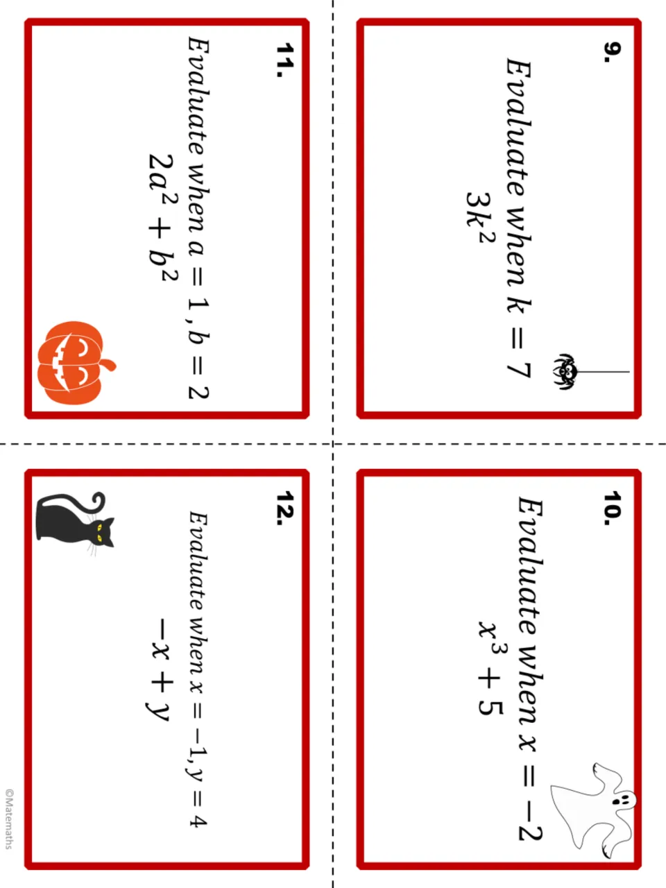 Task cards 9-12 on substituting into powers and negatives: evaluate 3k^2, x^3 + 5, 2a^2 + b^2 and -x + y