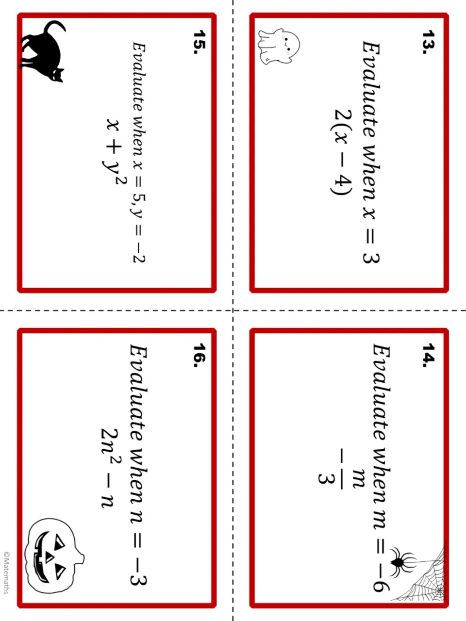 Task cards 13-16 practising order of operations with substitution: evaluate 2(x - 4), -m/3, x + y^2 and 2n^2 - n