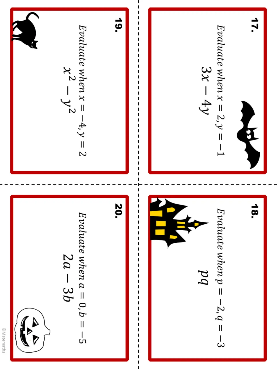 Final task cards 17-20 with negative values: evaluate 3x - 4y, pq, x^2 - y^2 and 2a - 3b, decorated with Halloween clip art