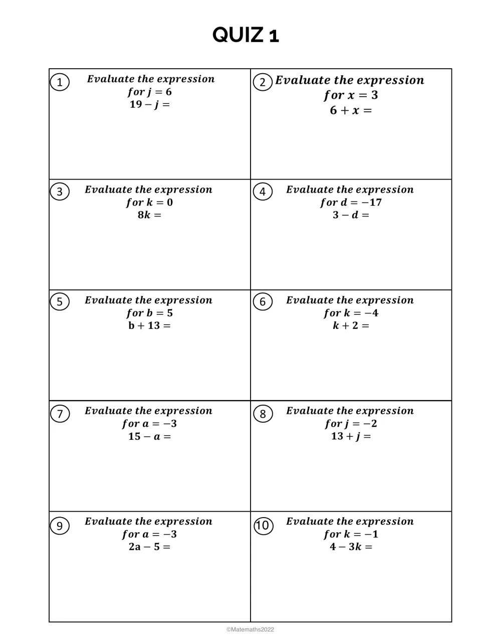 Quiz 1, problems 1-10: students evaluate one-variable expressions such as 19 - j for j = 6, with some negative values