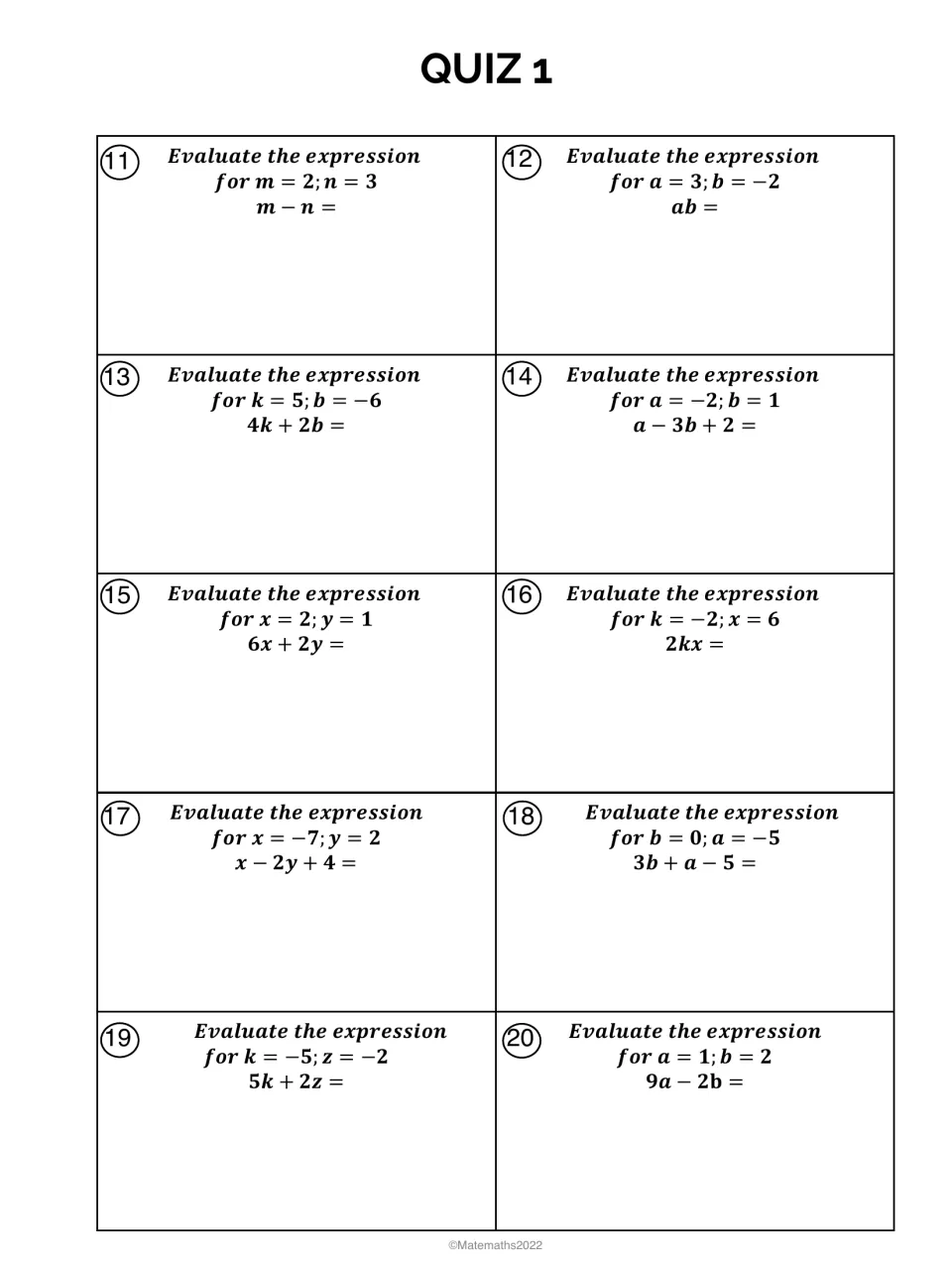 Quiz 1, problems 11-20: students evaluate two-variable expressions like 4k + 2b and x - 2y + 4 with integer values