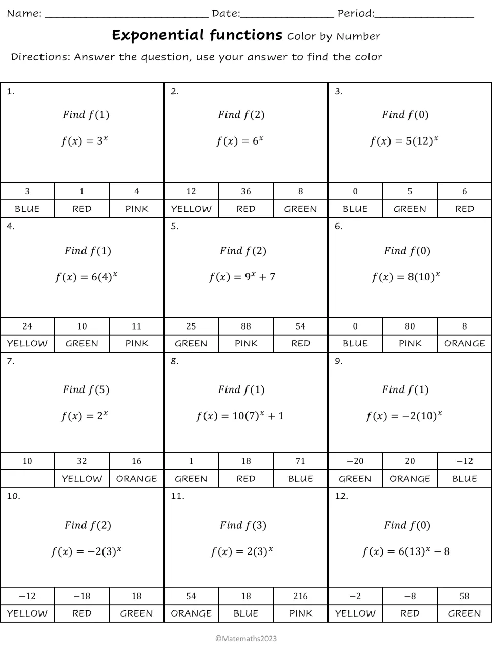 Exponential functions practice: 12 evaluations, including f(1) for f(x) = 3^x, with answer-to-color choices