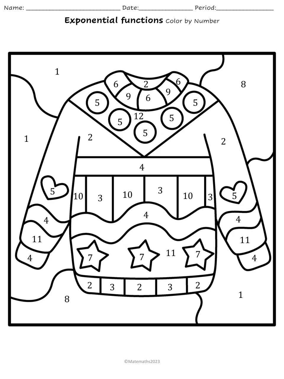 Sweater coloring page for the 12-question exponential functions activity, with regions numbered 1–12