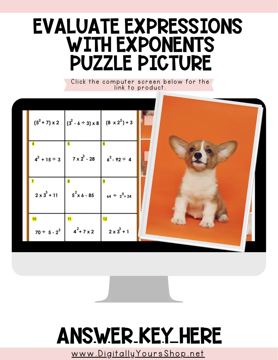 Preview of the 12-question exponent puzzle, showing sample expressions and the completed corgi picture