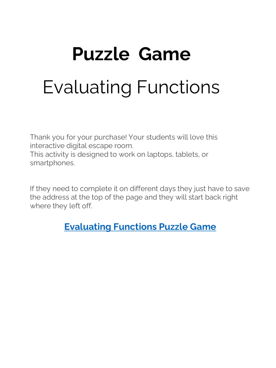 Evaluating Functions Puzzle Game title page: digital escape room for laptops, tablets or phones, with a link to the game