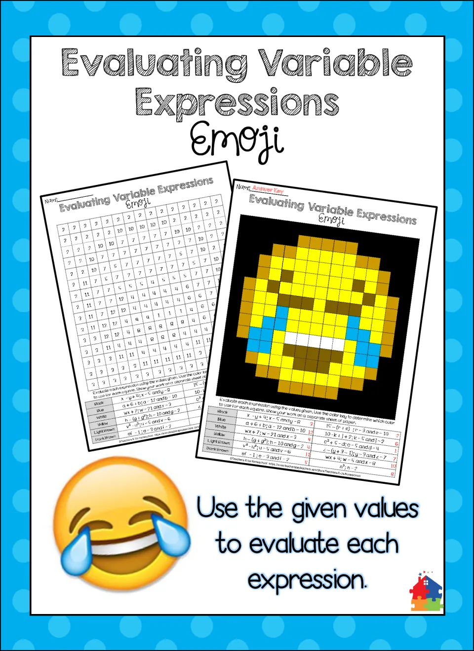 Cover of an emoji color-by-number: students evaluate variable expressions, shown with the puzzle and its answer key