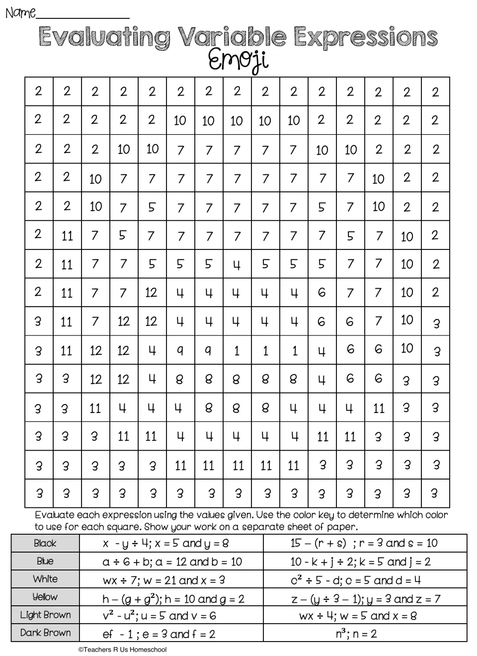 Color-by-number: students evaluate 12 expressions such as wx ÷ 7 with given values, then color squares by the key