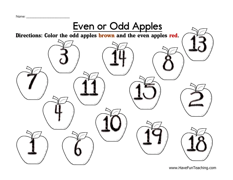 Odd and even number practice: 14 numbered apples to color brown for odd numbers and red for even numbers.