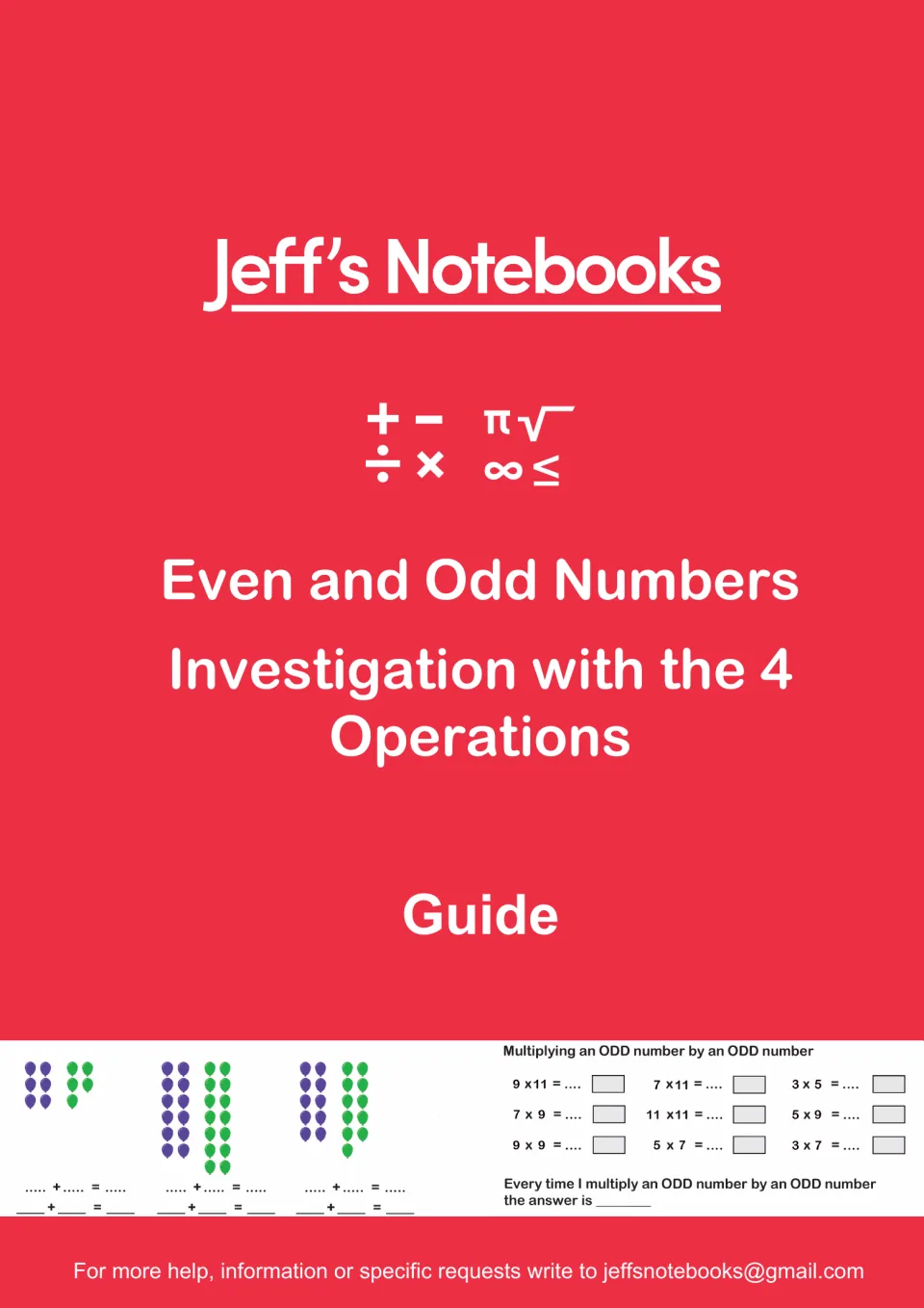 Jeff's Notebooks cover: Even and Odd Numbers guide to investigating parity with the 4 operations, with sample sheets