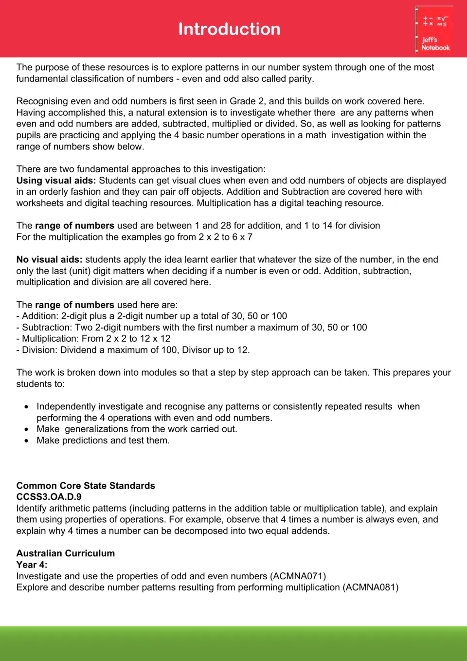Introduction to the parity investigation: purpose, number ranges per operation, visual and no-visual methods, CCSS 3.OA.D.9