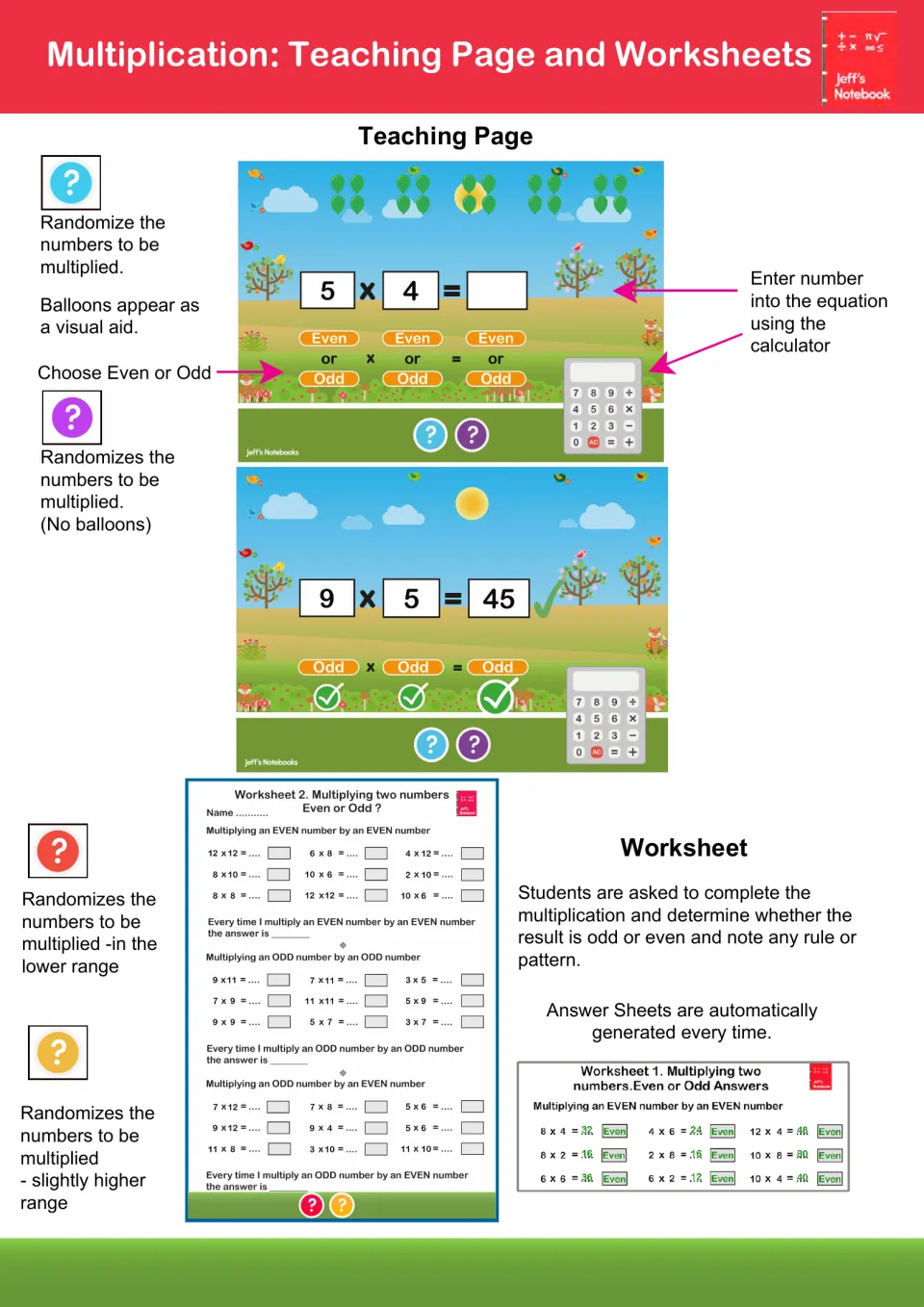 Multiplication teaching page and worksheet: students multiply, e.g. 9 x 5, and tag factors and product even or odd